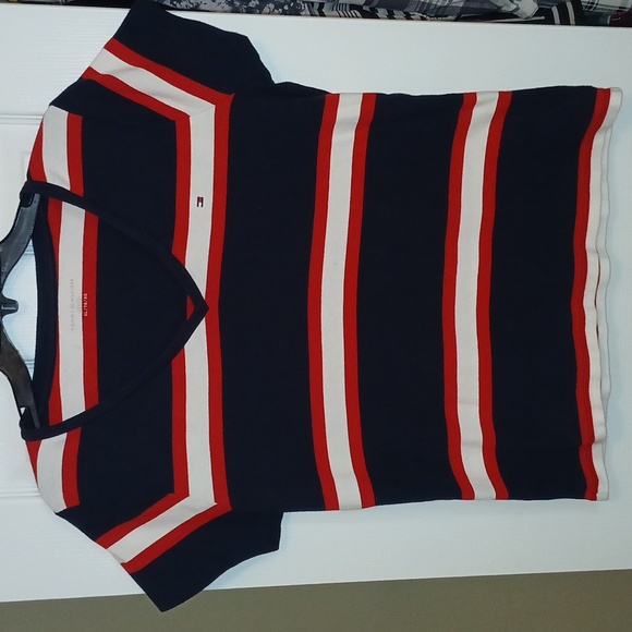 Tommy Hilfiger Women's Navy and Red Striped V-neck - Picture 1 of 5